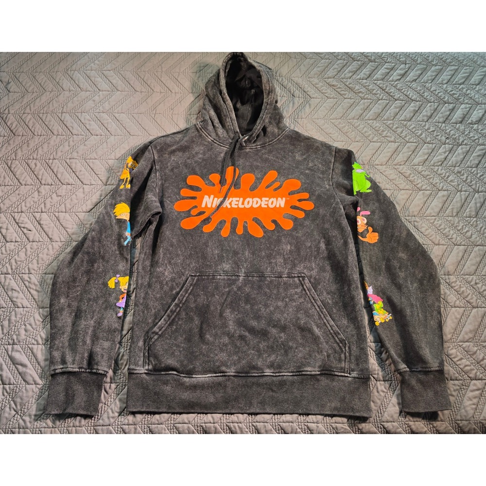 Nickelodeon 90s Cartoons Acid Wash Graphic Hoodie Grey Small Rugrats Hey Arnold
